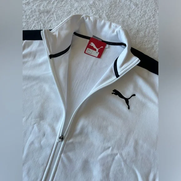 NWT Puma Mens Casual Full Zip Up Mock Neck Sweatshirt, White w/Black Logo, Sz XL - Picture 4 of 4